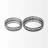 Set of Two Black Round Metal Indoor Outdoor Tray With Handles - Homeroots - Flyclothing LLC