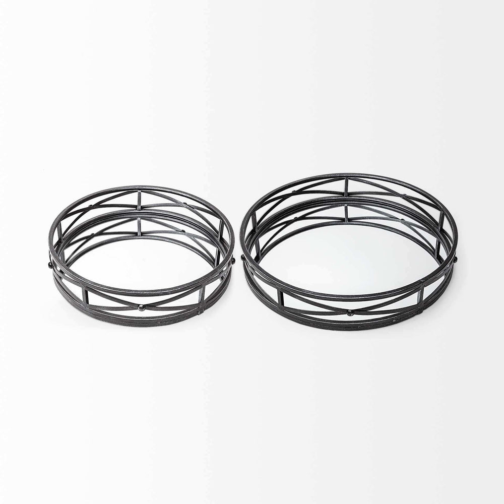 Set of Two Black Round Metal Indoor Outdoor Tray With Handles - Homeroots - Flyclothing LLC