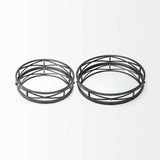 Set of Two Black Round Metal Indoor Outdoor Tray With Handles - Homeroots
