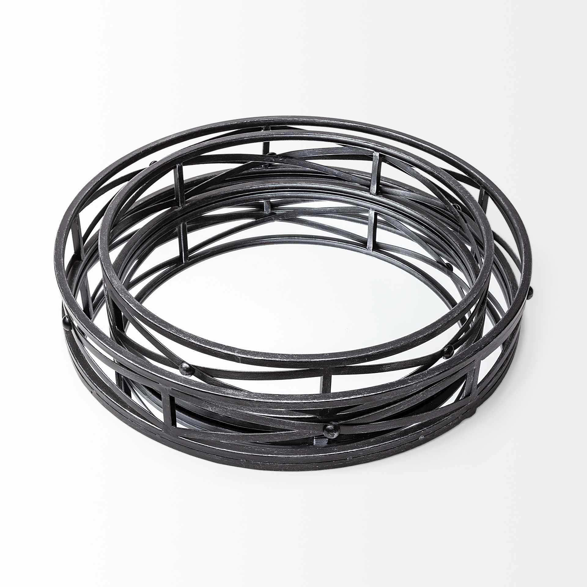 Set of Two Black Round Metal Indoor Outdoor Tray With Handles - Homeroots - Flyclothing LLC