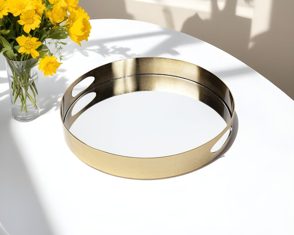 15" Gold Round Metal Indoor Outdoor Tray With Handles - Homeroots - Flyclothing LLC