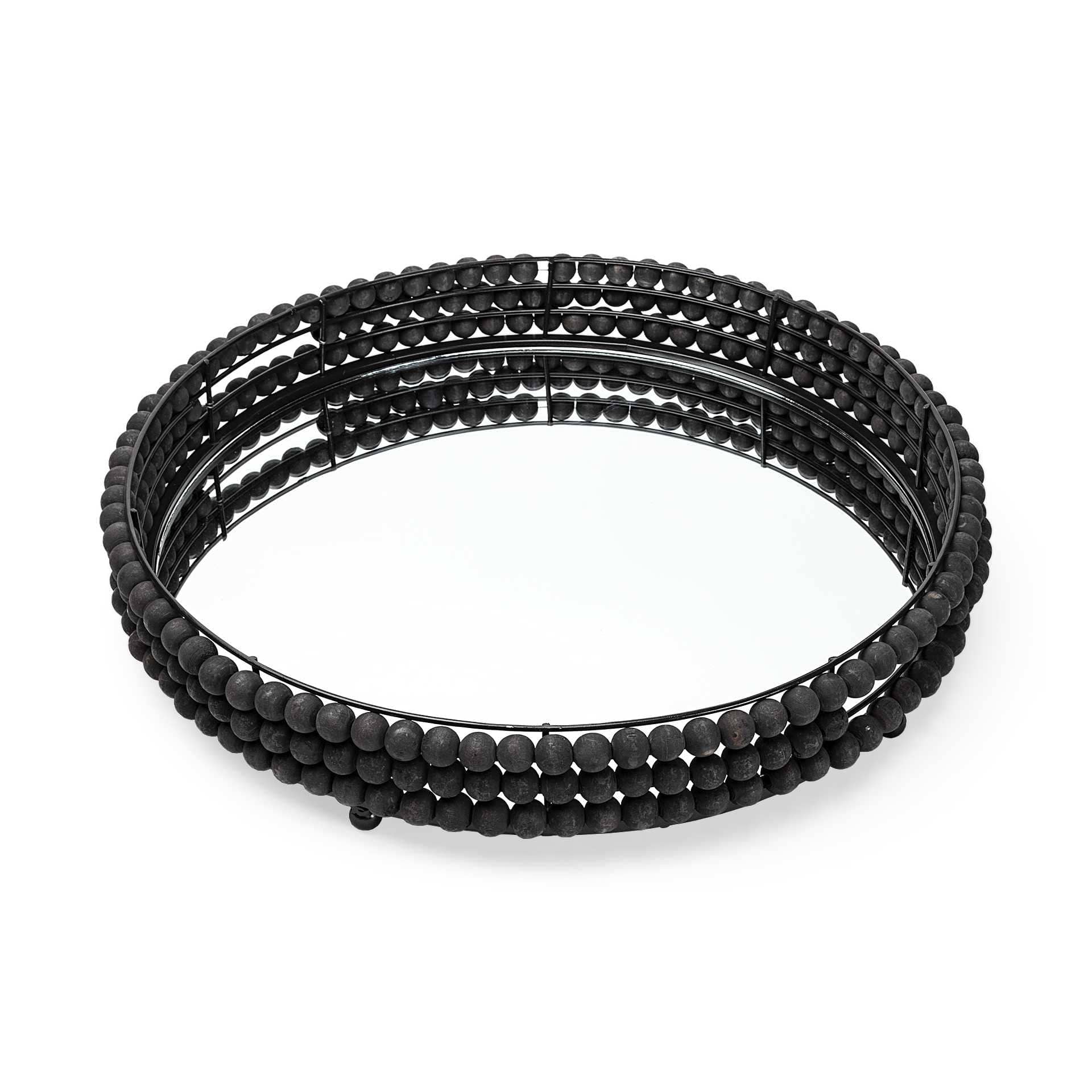 21" Matte Black Wood With Bead Mirrored Glass Bottom Round Tray - Homeroots - Flyclothing LLC