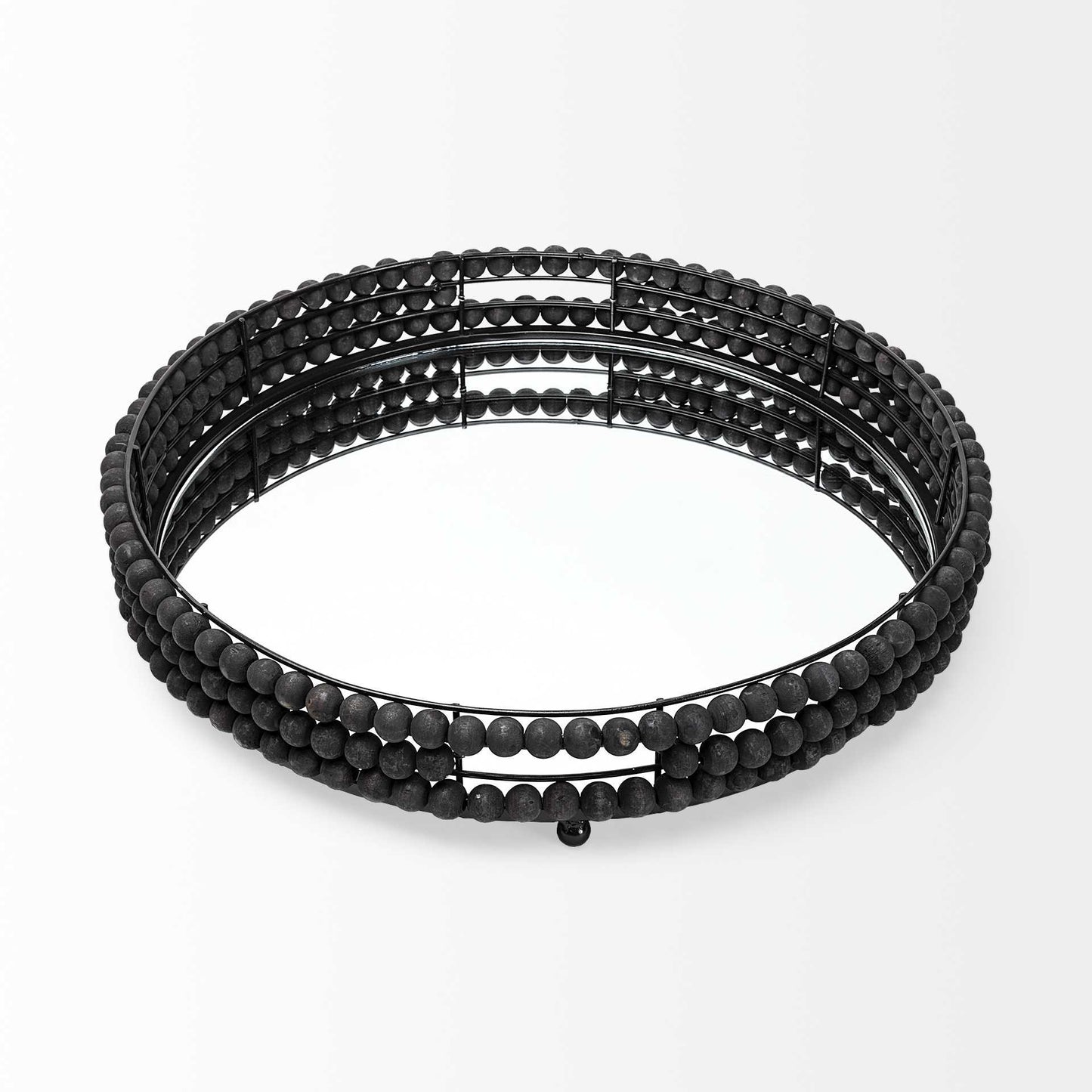 21" Matte Black Wood With Bead Mirrored Glass Bottom Round Tray - Homeroots - Flyclothing LLC