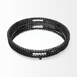 21" Matte Black Wood With Bead Mirrored Glass Bottom Round Tray - Homeroots - Flyclothing LLC