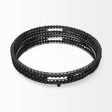 21" Matte Black Wood With Bead Mirrored Glass Bottom Round Tray - Homeroots