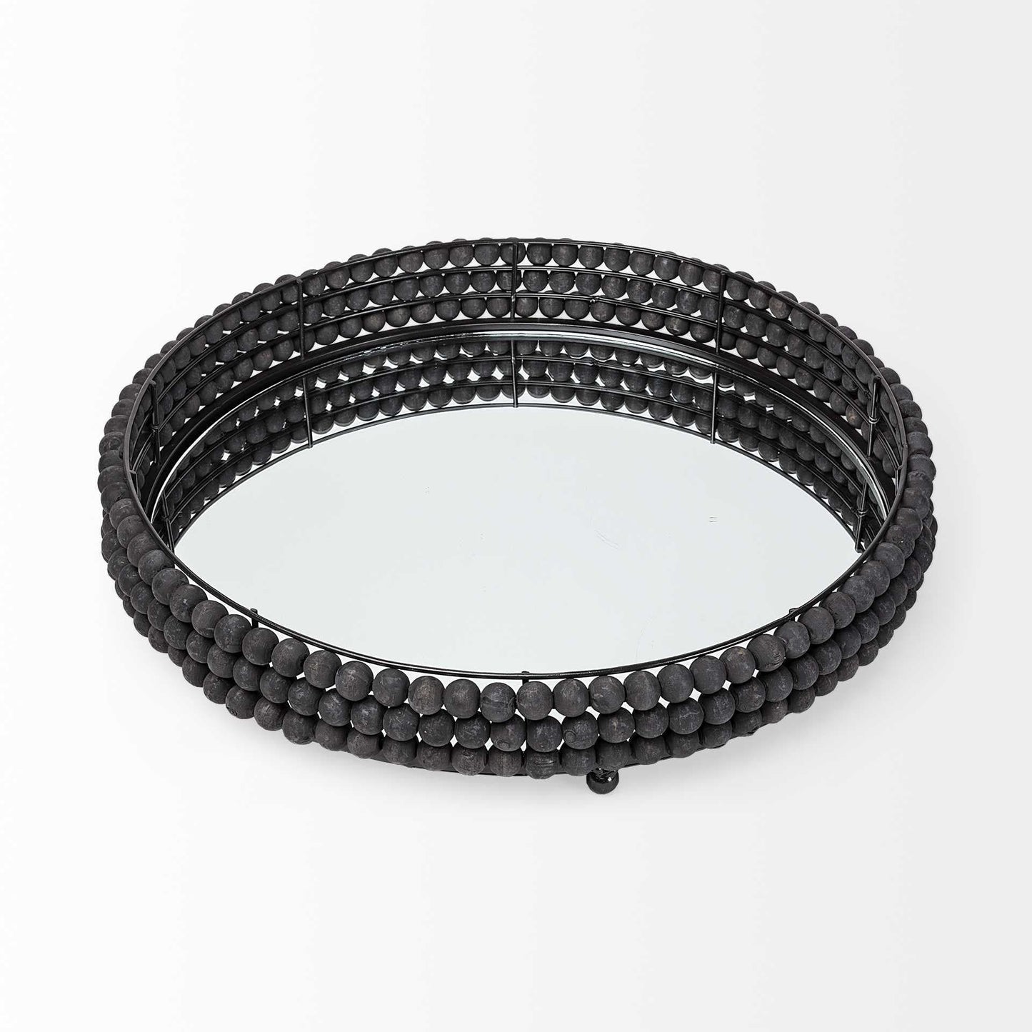 21" Matte Black Wood With Bead Mirrored Glass Bottom Round Tray - Homeroots - Flyclothing LLC