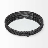 21" Matte Black Wood With Bead Mirrored Glass Bottom Round Tray - Homeroots - Flyclothing LLC