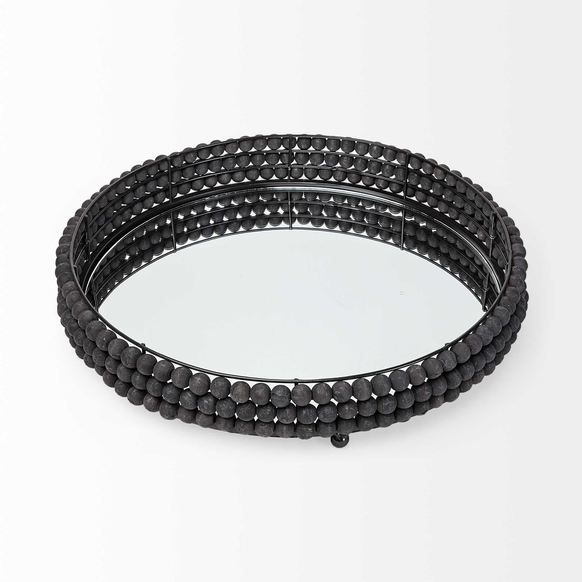 21" Matte Black Wood With Bead Mirrored Glass Bottom Round Tray - Homeroots - Flyclothing LLC