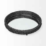 21" Matte Black Wood With Bead Mirrored Glass Bottom Round Tray - Homeroots