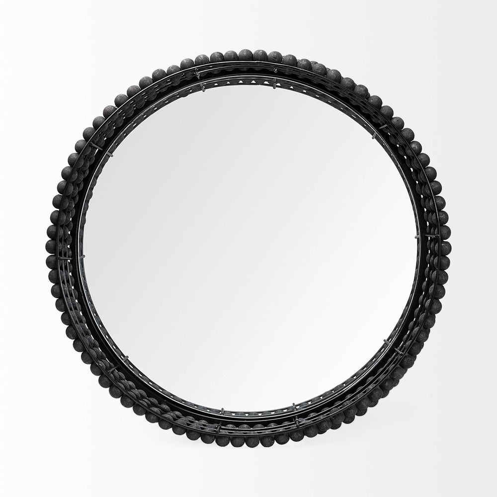 21" Matte Black Wood With Bead Mirrored Glass Bottom Round Tray - Homeroots - Flyclothing LLC