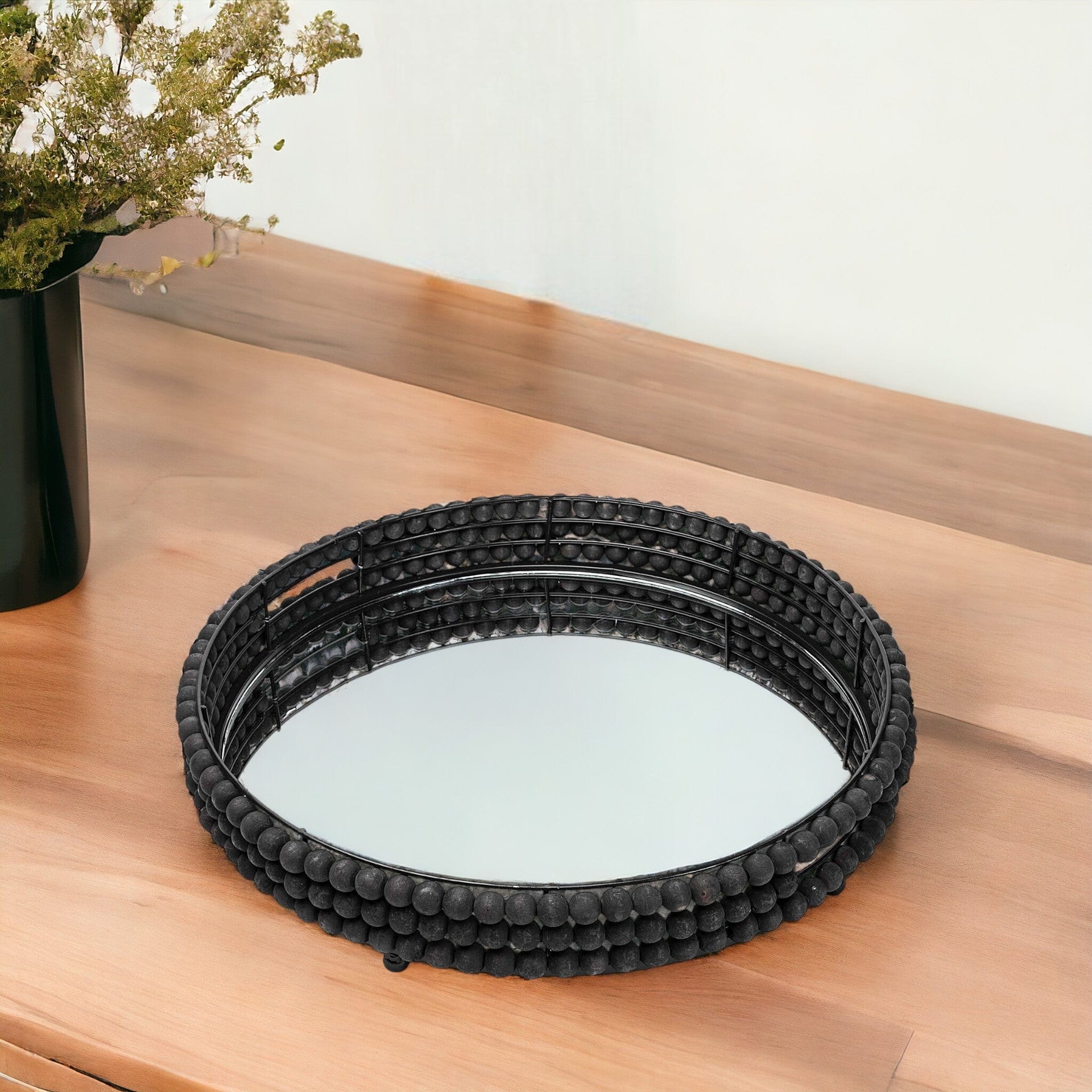 21" Matte Black Wood With Bead Mirrored Glass Bottom Round Tray - Homeroots - Flyclothing LLC