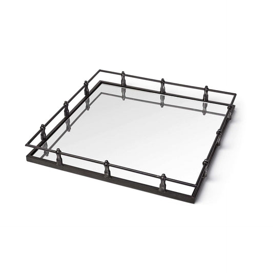 Natural Finish Metal With Mirrored Glass Bottom And Railing Handle Tray - Homeroots - Flyclothing LLC