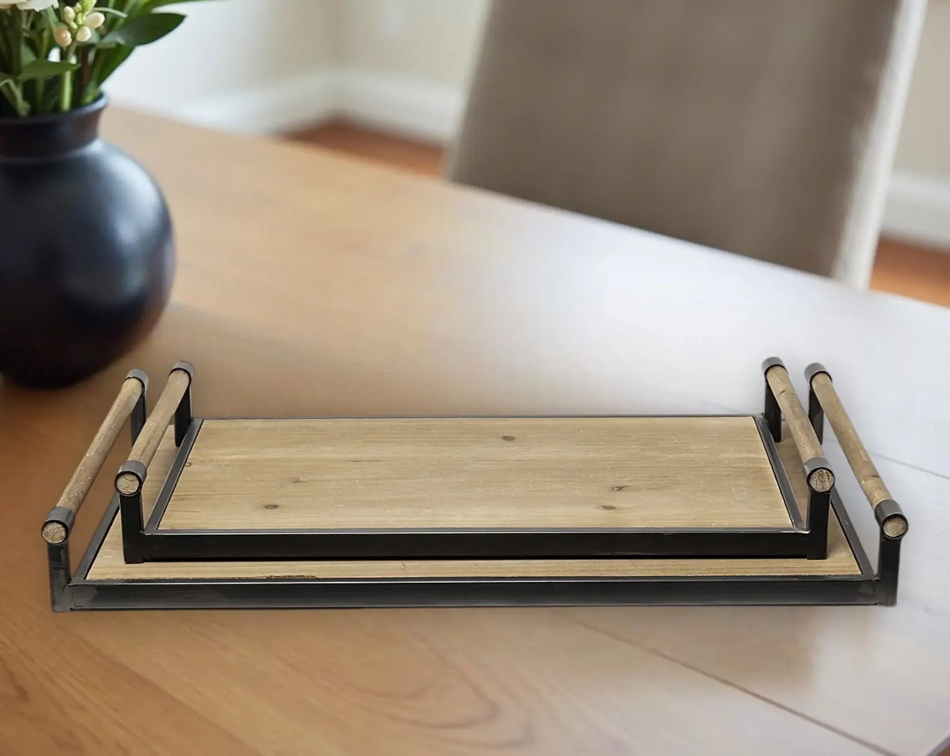 Set of Two Brown Wood Indoor Outdoor Serving Tray With Handles - Homeroots - Flyclothing LLC