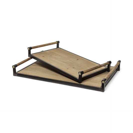 Set of Two Brown Wood Indoor Outdoor Serving Tray With Handles - Homeroots - Flyclothing LLC