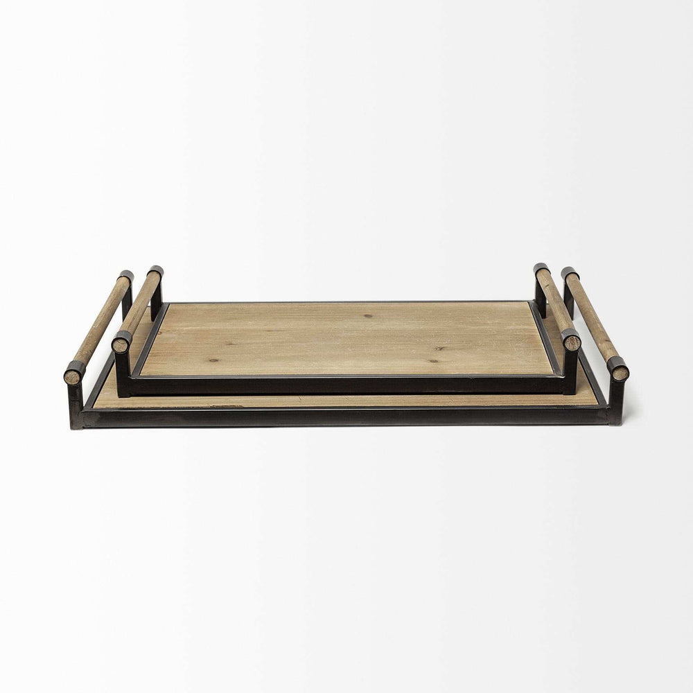 Set of Two Brown Wood Indoor Outdoor Serving Tray With Handles - Homeroots - Flyclothing LLC