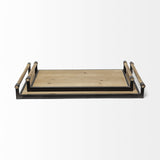 Set of Two Brown Wood Indoor Outdoor Serving Tray With Handles - Homeroots