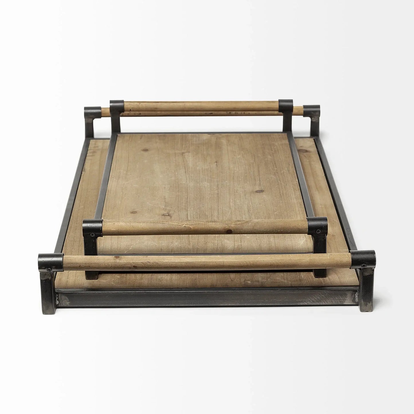 Set of Two Brown Wood Indoor Outdoor Serving Tray With Handles - Homeroots - Flyclothing LLC