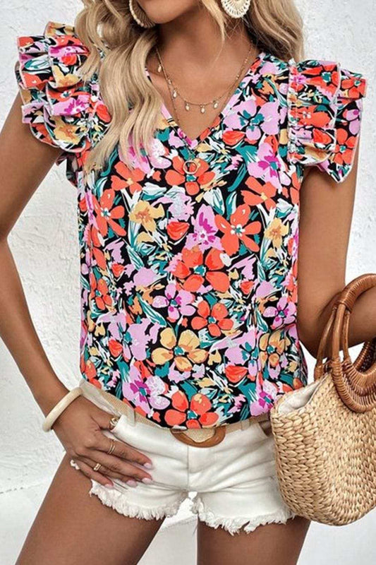 Ruffled Printed V-Neck Cap Sleeve Blouse - Trendsi - Flyclothing LLC