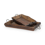 Set of Two Brown Rectangular Wood Indoor Outdoor Serving Tray With Handles - Homeroots