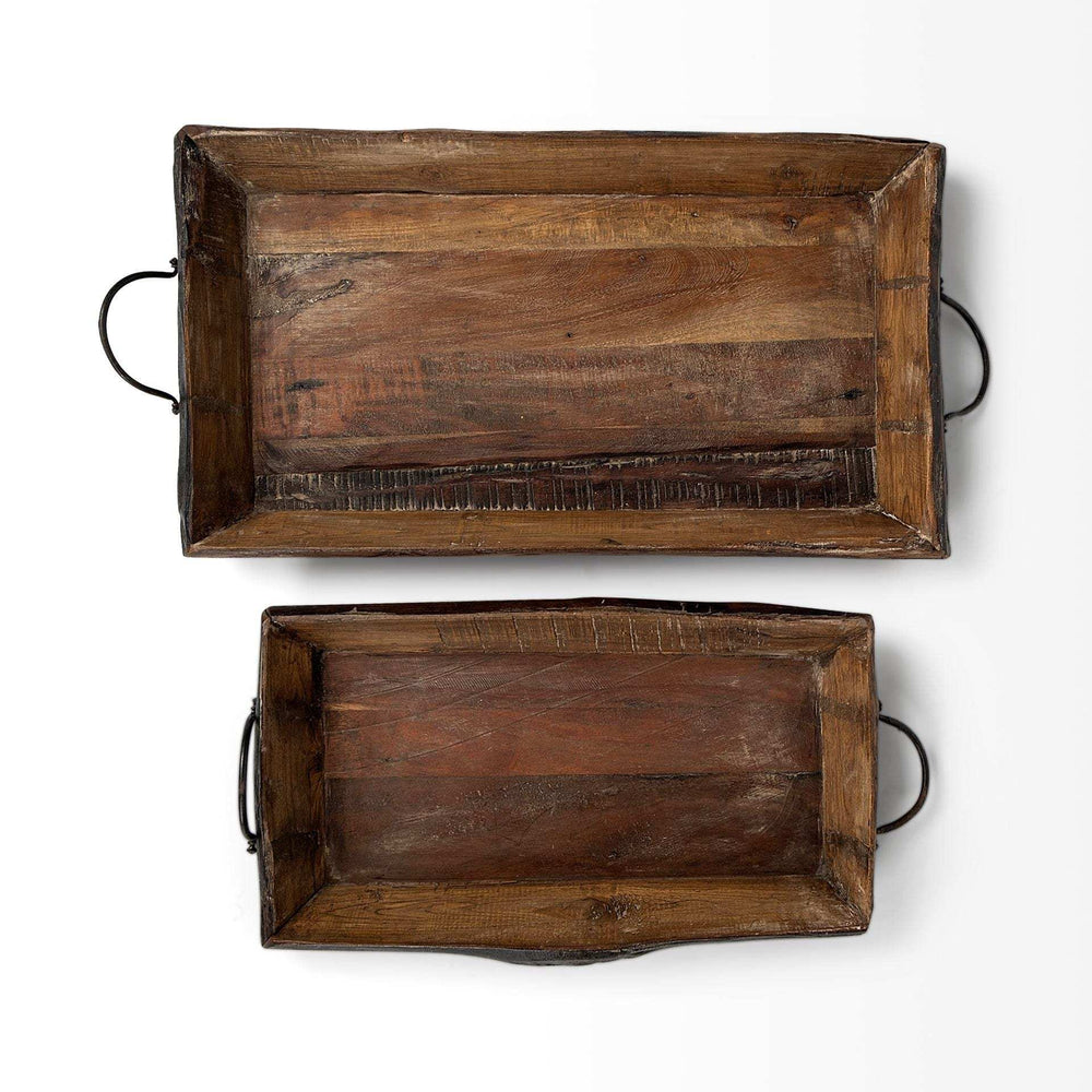 Set of Two Brown Rectangular Wood Indoor Outdoor Serving Tray With Handles - Homeroots - Flyclothing LLC