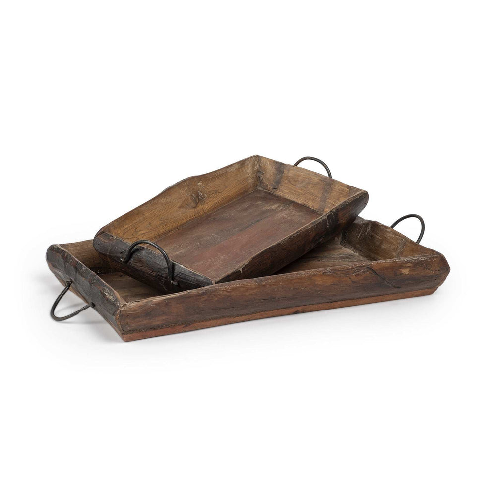 Set of Two Brown Rectangular Wood Indoor Outdoor Serving Tray With Handles - Homeroots - Flyclothing LLC