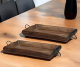 Set of Two Brown Rectangular Wood Indoor Outdoor Serving Tray With Handles - Homeroots