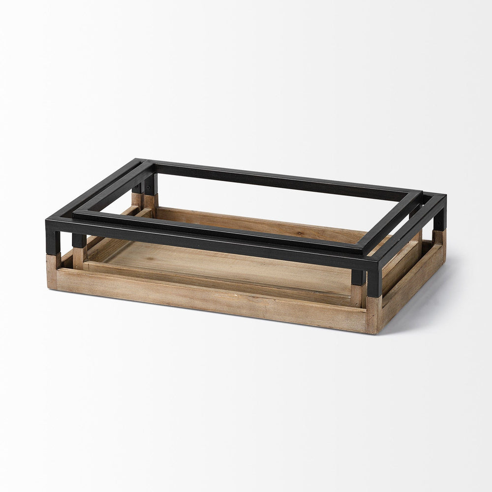 Set of Two Brown Wood Indoor Outdoor Tray With Handles - Homeroots