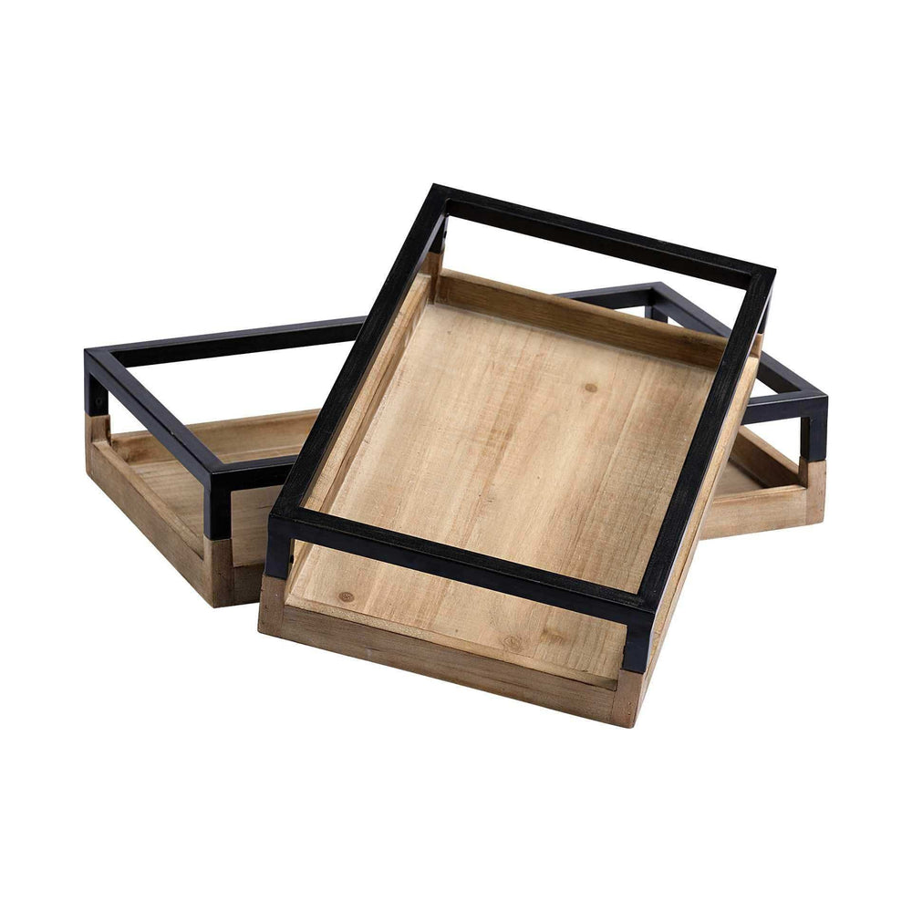 Set of Two Brown Wood Indoor Outdoor Tray With Handles - Homeroots - Flyclothing LLC