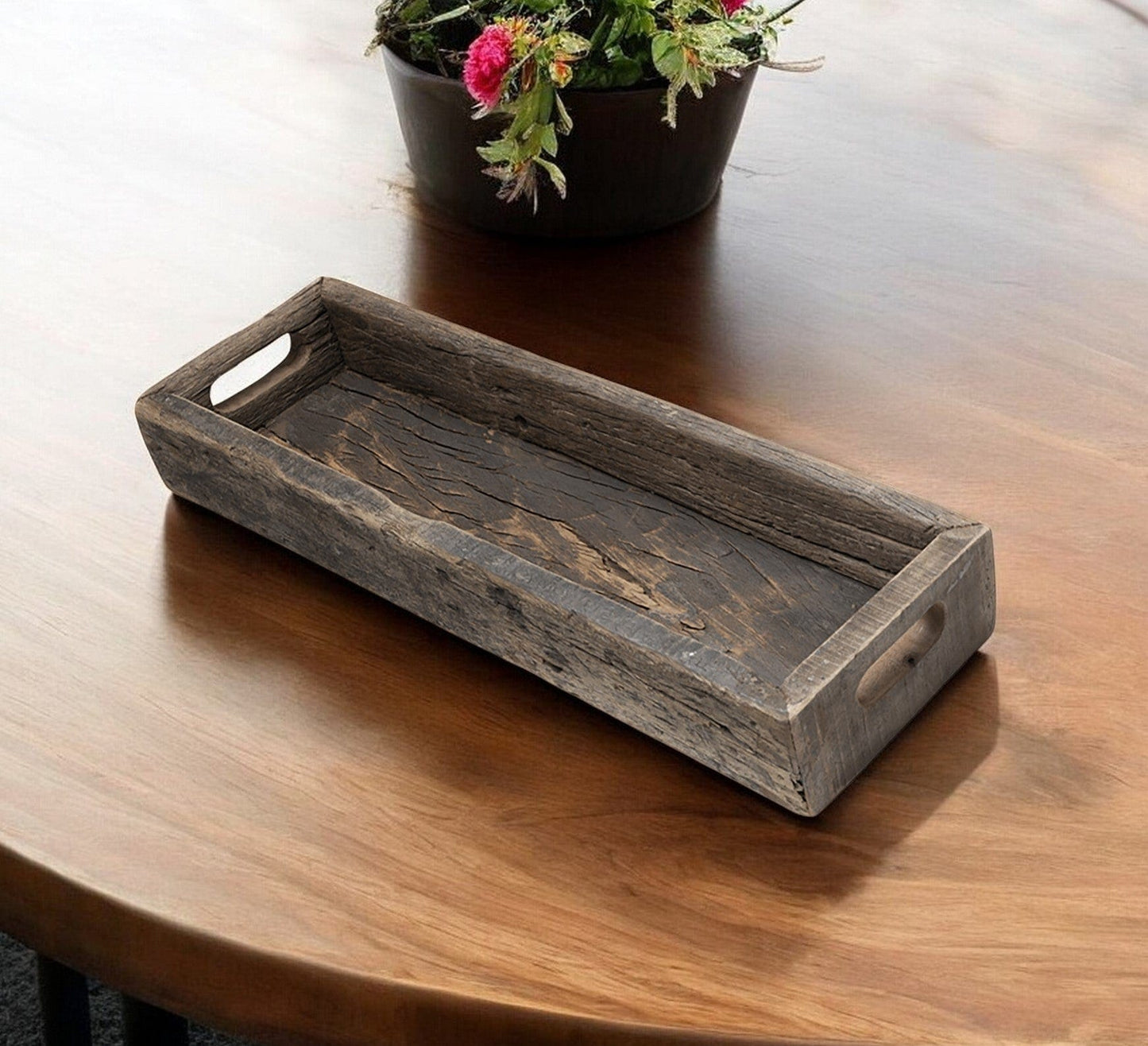 24" Brown Wood Indoor Outdoor Tray With Handles - Homeroots - Flyclothing LLC