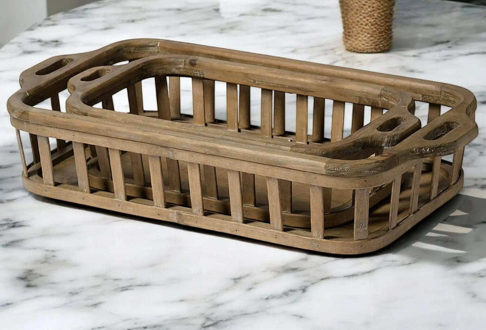 Set of Two Brown Wood Indoor Outdoor Tray With Handles - Homeroots - Flyclothing LLC