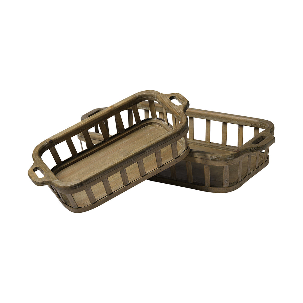 Set of Two Brown Wood Indoor Outdoor Tray With Handles - Homeroots
