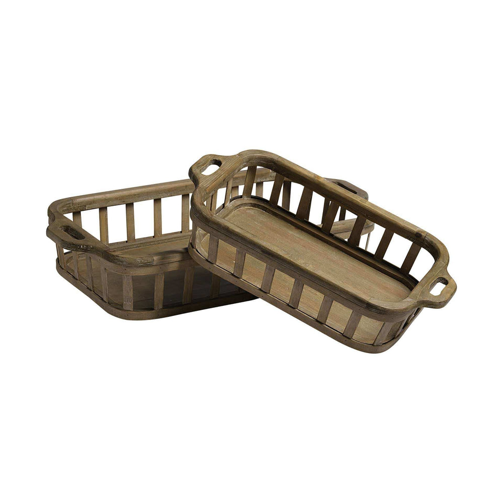 Set of Two Brown Wood Indoor Outdoor Tray With Handles - Homeroots - Flyclothing LLC