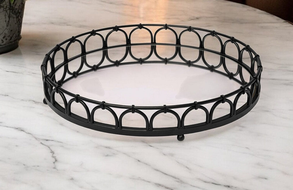 20" Black Round Metal Indoor Outdoor Serving Tray With Handles - Homeroots - Flyclothing LLC