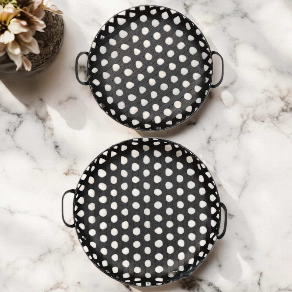 Set of Two Black Round Metal Indoor Outdoor Tray With Handles - Homeroots - Flyclothing LLC