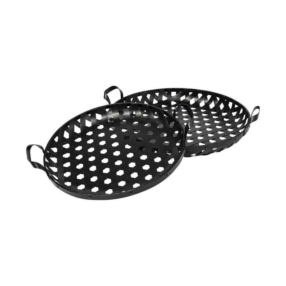 Set of Two Black Round Metal Indoor Outdoor Tray With Handles - Homeroots