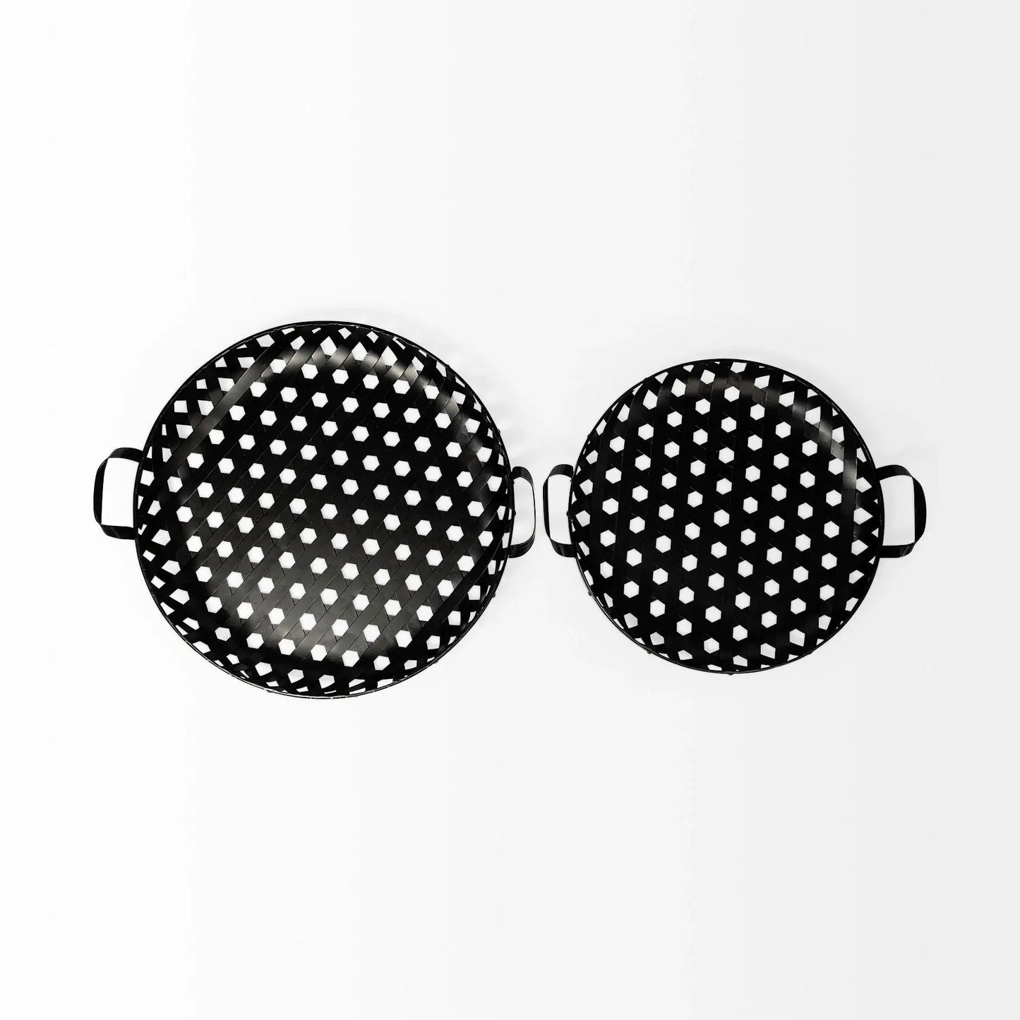 Set of Two Black Round Metal Indoor Outdoor Tray With Handles - Homeroots - Flyclothing LLC