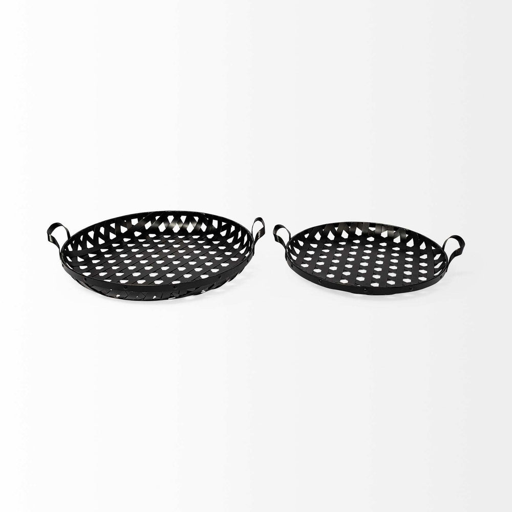 Set of Two Black Round Metal Indoor Outdoor Tray With Handles - Homeroots - Flyclothing LLC