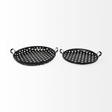 Set of Two Black Round Metal Indoor Outdoor Tray With Handles - Homeroots