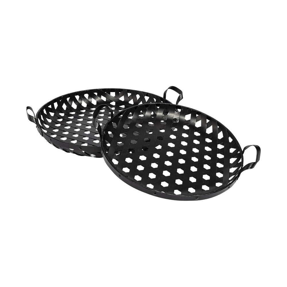 Set of Two Black Round Metal Indoor Outdoor Tray With Handles - Homeroots - Flyclothing LLC