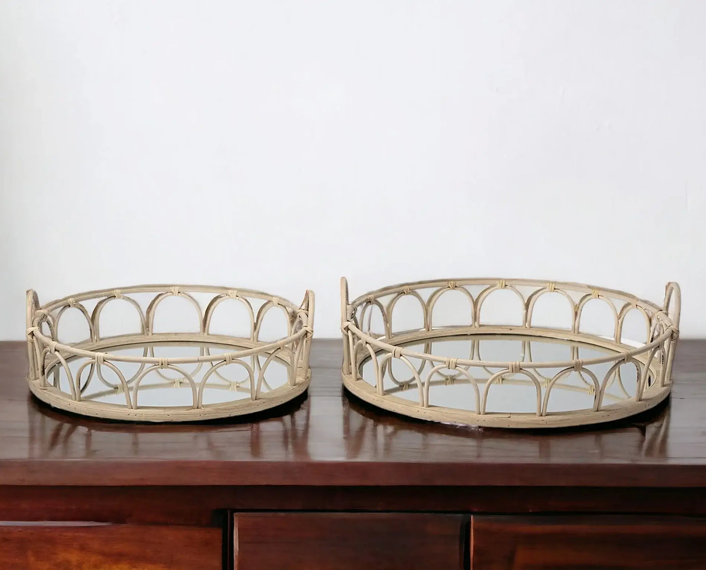 Set of Two Brown Round Wood Indoor Outdoor Vanity Tray With Handles - Homeroots - Flyclothing LLC