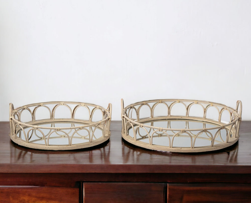 Set of Two Brown Round Wood Indoor Outdoor Vanity Tray With Handles - Homeroots