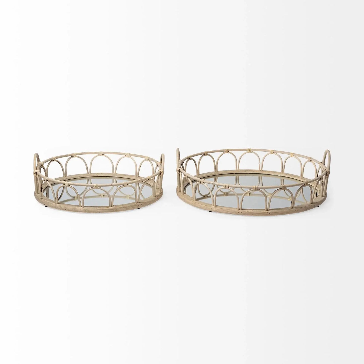 Set of Two Brown Round Wood Indoor Outdoor Vanity Tray With Handles - Homeroots - Flyclothing LLC