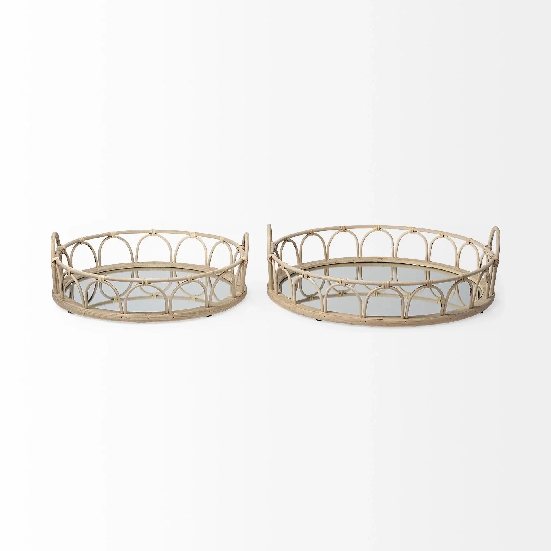 Set of Two Brown Round Wood Indoor Outdoor Vanity Tray With Handles - Homeroots - Flyclothing LLC