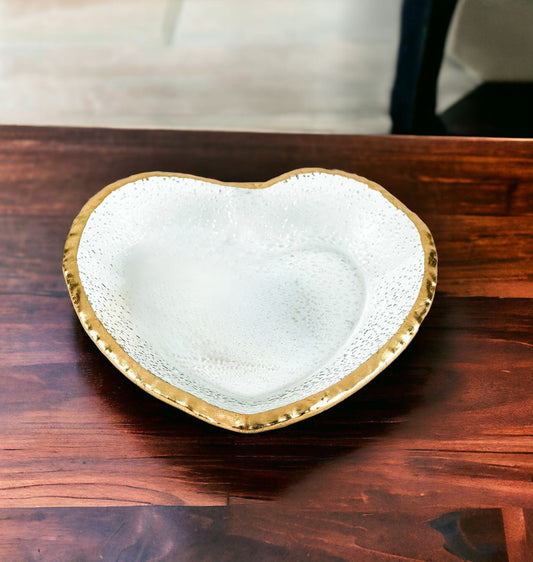 8" Mouth Blown Seeded Glass Heart Plate with Gold Rim - Homeroots