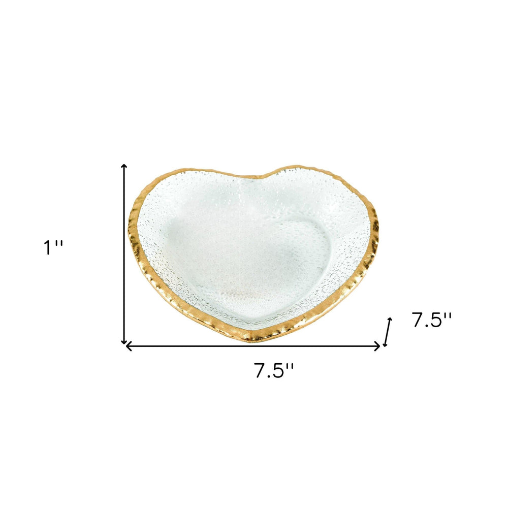 8" Mouth Blown Seeded Glass Heart Plate with Gold Rim - Homeroots
