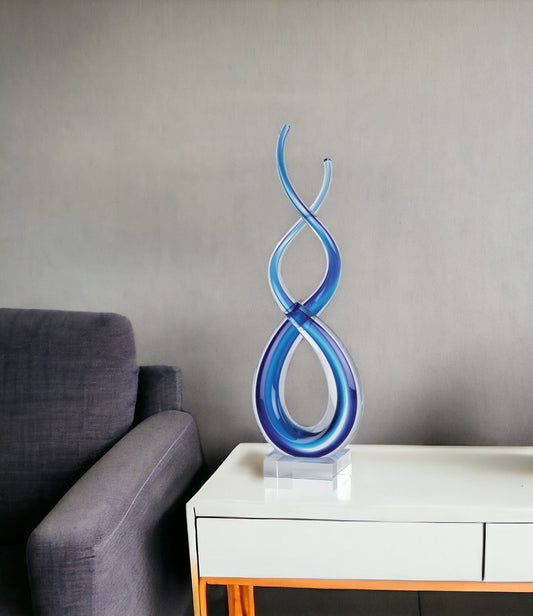 11" Clear and Blue Murano Glass Modern Abstract Tabletop Sculpture - Homeroots