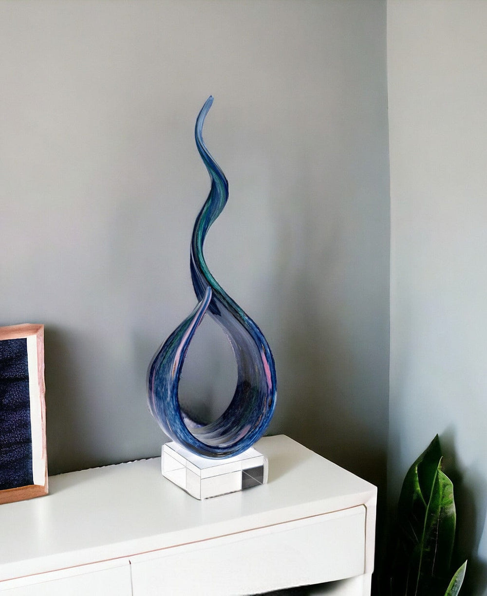 19" Blue and Green Murano Glass Modern Abstract Tabletop Sculpture - Homeroots