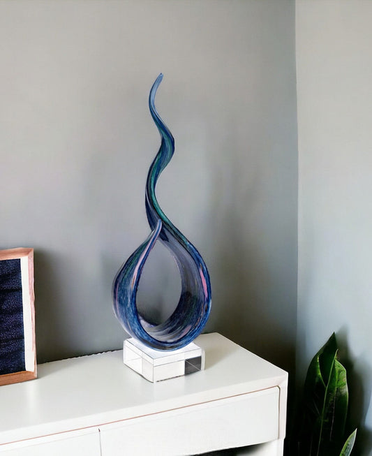 19" Blue and Green Murano Glass Modern Abstract Tabletop Sculpture - Homeroots