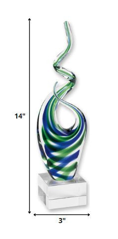 14" Clear Blue and Green Murano Glass Modern Abstract Tabletop Sculpture - Homeroots