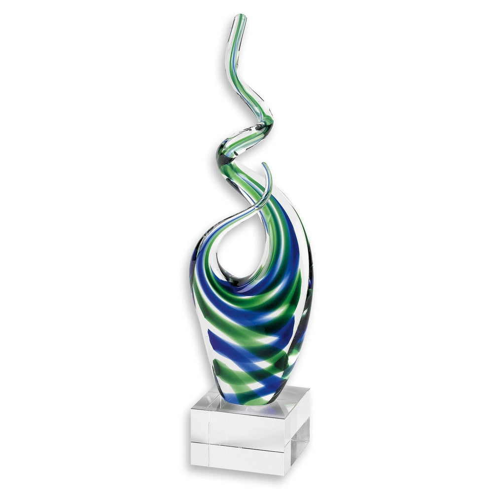 14" Clear Blue and Green Murano Glass Modern Abstract Tabletop Sculpture - Homeroots